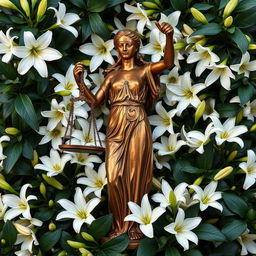 A stunning statue of Justice (Themis), blindfolded and holding scales, is prominently displayed at the center of the image