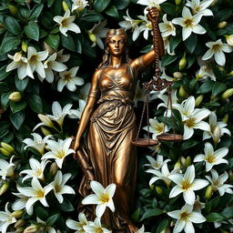 A stunning statue of Justice (Themis), blindfolded and holding scales, is prominently displayed at the center of the image