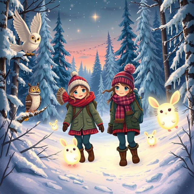 An adventurous and whimsical scene depicting Michelle and Chloe, bundled up in warm winter gear, determined to solve the mystery of the missing Christmas Star