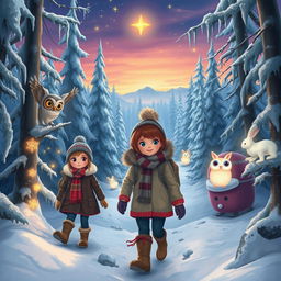An adventurous and whimsical scene depicting Michelle and Chloe, bundled up in warm winter gear, determined to solve the mystery of the missing Christmas Star