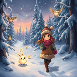 An adventurous and whimsical scene depicting Michelle and Chloe, bundled up in warm winter gear, determined to solve the mystery of the missing Christmas Star