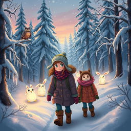 An adventurous and whimsical scene depicting Michelle and Chloe, bundled up in warm winter gear, determined to solve the mystery of the missing Christmas Star