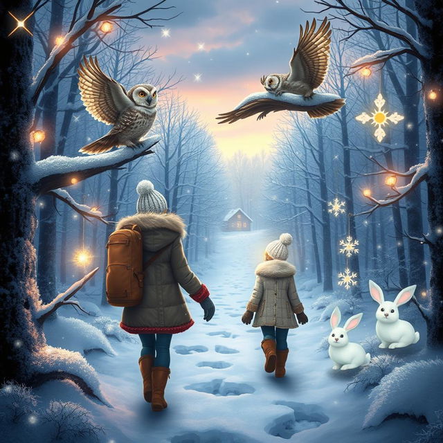 An enchanting adventure scene showing Michelle and Chloe, warmly bundled in winter gear, embarking on a mission to find the missing Christmas Star