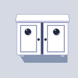 A 2D pixel art illustration showing a top-down view of a small white cabinet with two doors