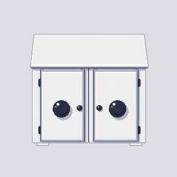 A 2D pixel art illustration showing a top-down view of a small white cabinet with two doors