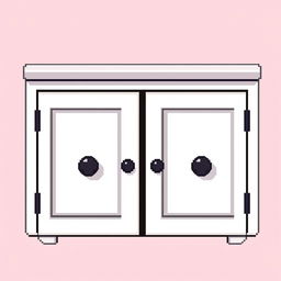 A 2D pixel art illustration showing a top-down view of a small white cabinet with two doors