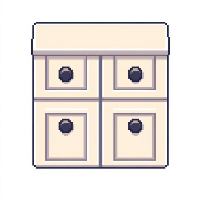 A 2D pixel art illustration showing a top-down view of a small white cabinet with two doors