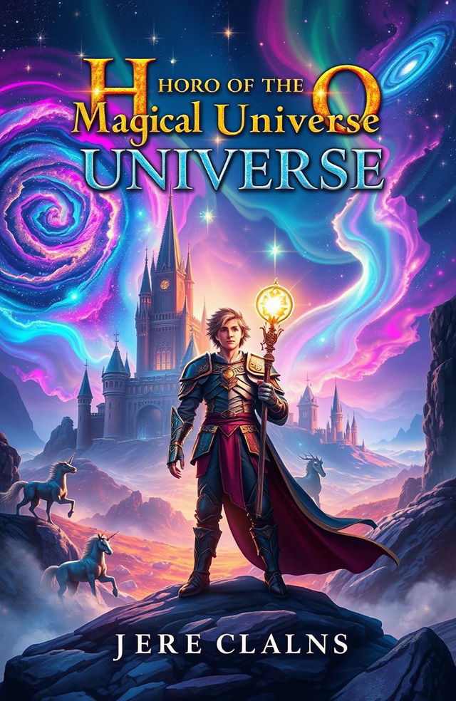 A captivating book cover for 'Hero of the Magical Universe', depicting a heroic figure standing in a vibrant, enchanted landscape filled with fantastical elements