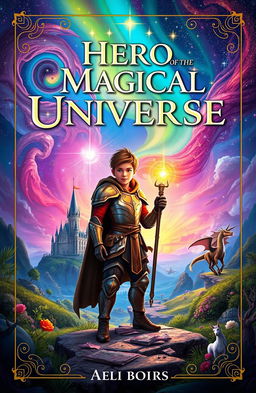 A captivating book cover for 'Hero of the Magical Universe', depicting a heroic figure standing in a vibrant, enchanted landscape filled with fantastical elements