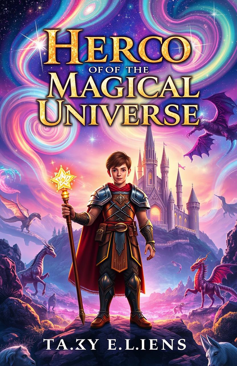 A captivating book cover for 'Hero of the Magical Universe', depicting a heroic figure standing in a vibrant, enchanted landscape filled with fantastical elements