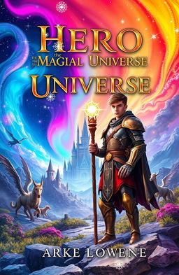 A captivating book cover for 'Hero of the Magical Universe', depicting a heroic figure standing in a vibrant, enchanted landscape filled with fantastical elements