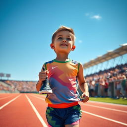 A young boy dreaming of becoming a professional athlete, portrayed with a determined expression on his face
