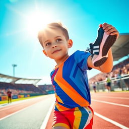 A young boy dreaming of becoming a professional athlete, portrayed with a determined expression on his face