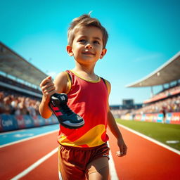 A young boy dreaming of becoming a professional athlete, portrayed with a determined expression on his face