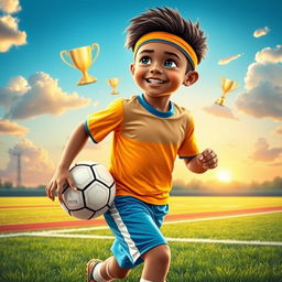 A dreamy young boy athlete, with a focused smile and a sparkle in his eyes, imagining himself running on a beautiful athletic field