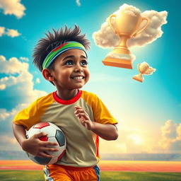 A dreamy young boy athlete, with a focused smile and a sparkle in his eyes, imagining himself running on a beautiful athletic field