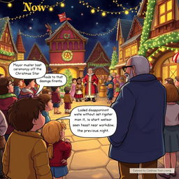 A dramatic scene in Coldmaw Town where the mayor solemnly announces to a gathering crowd that the upcoming Christmas ceremony cannot proceed without the missing Christmas Star