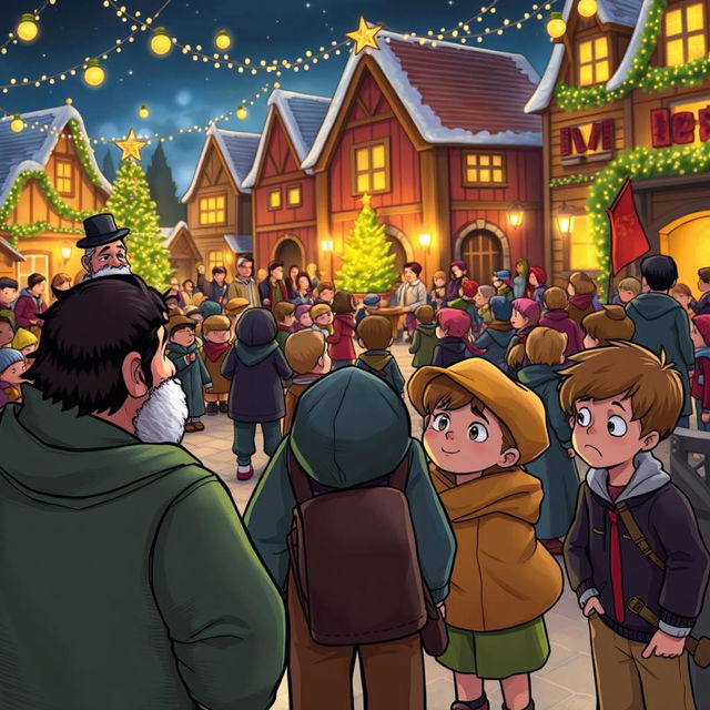A dramatic scene in Coldmaw Town where the mayor solemnly announces to a gathering crowd that the upcoming Christmas ceremony cannot proceed without the missing Christmas Star
