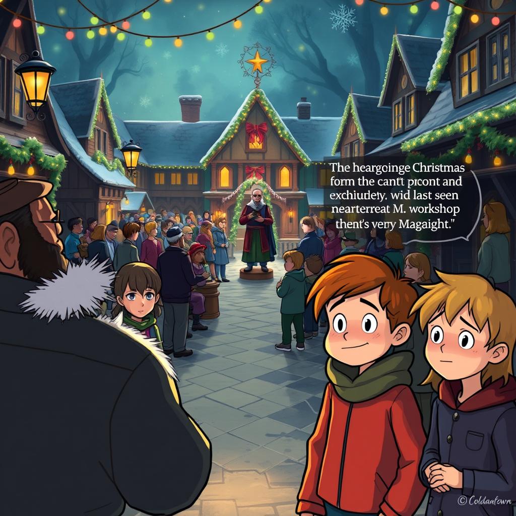A dramatic scene in Coldmaw Town where the mayor solemnly announces to a gathering crowd that the upcoming Christmas ceremony cannot proceed without the missing Christmas Star