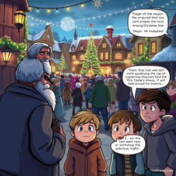 A dramatic scene in Coldmaw Town where the mayor solemnly announces to a gathering crowd that the upcoming Christmas ceremony cannot proceed without the missing Christmas Star