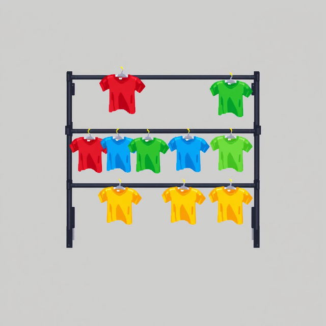 A 2D pixel art illustration showcasing a top-down view of a black metal clothing rack with two horizontal rails