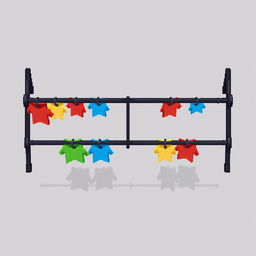 A 2D pixel art illustration showcasing a top-down view of a black metal clothing rack with two horizontal rails