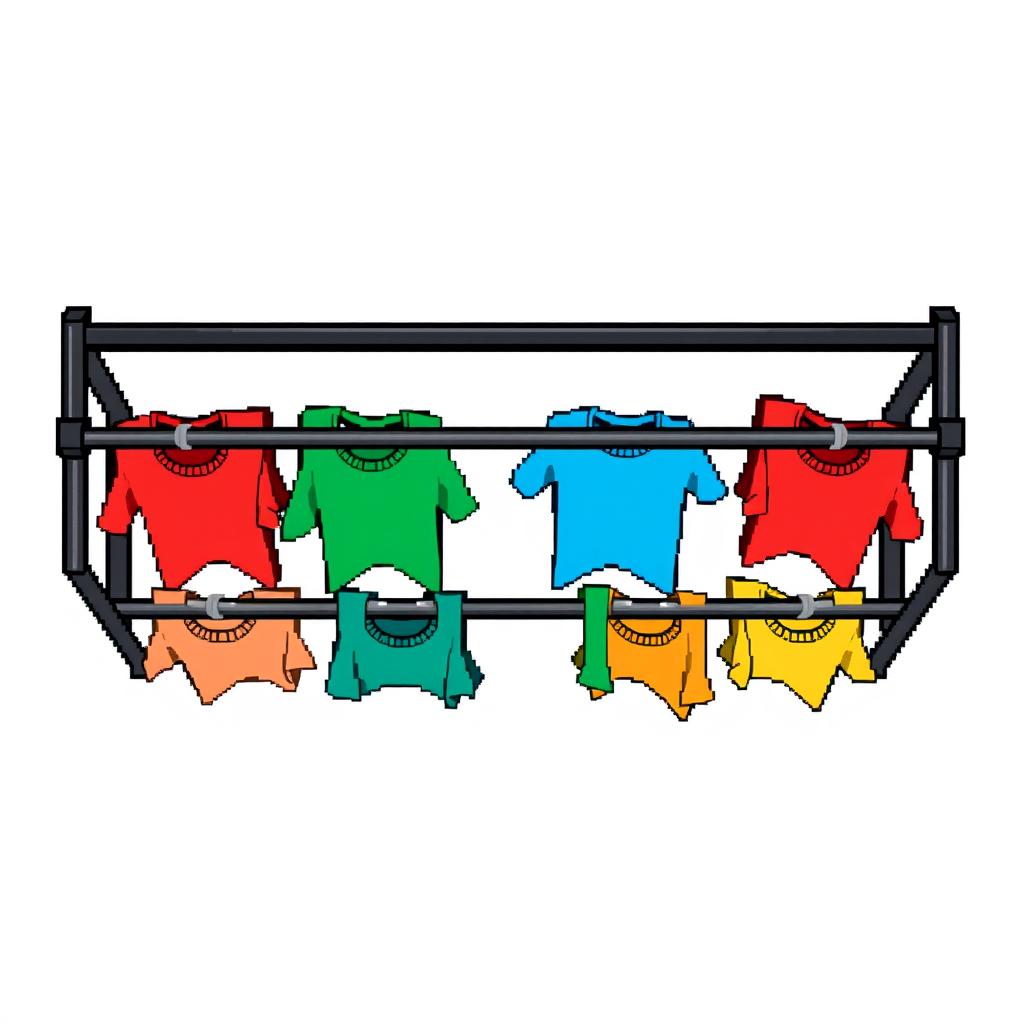 A 2D pixel art illustration showcasing a top-down view of a black metal clothing rack with two horizontal rails