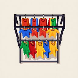 A 2D pixel art illustration showcasing a top-down view of a black metal clothing rack with two horizontal rails