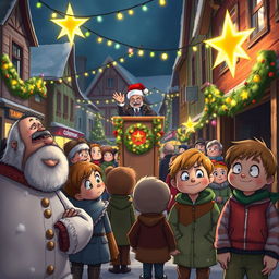 In a bustling Coldmaw Town, the mayor stands at a decorated podium announcing to a hopeful crowd that the festive Christmas ceremony cannot go on without the shining Christmas Star