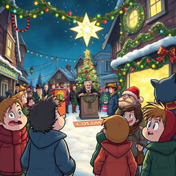 In a bustling Coldmaw Town, the mayor stands at a decorated podium announcing to a hopeful crowd that the festive Christmas ceremony cannot go on without the shining Christmas Star