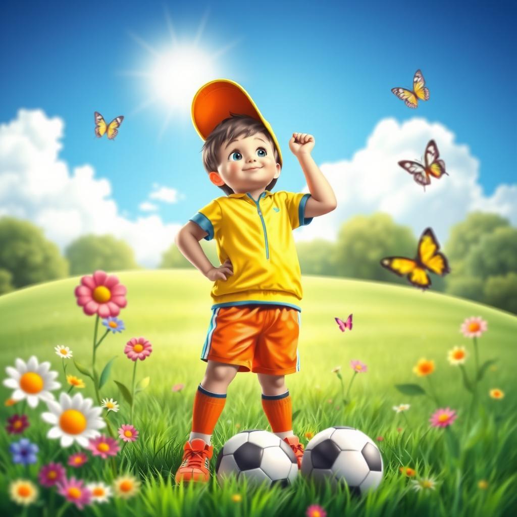 A young boy dreaming of becoming an athlete, depicted in a whimsical and uplifting image