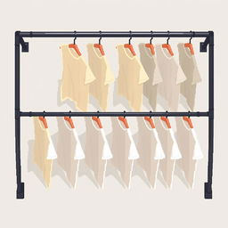 A 2D pixel art illustration showcasing a top-down view of a black metal clothing rack featuring two horizontal rails