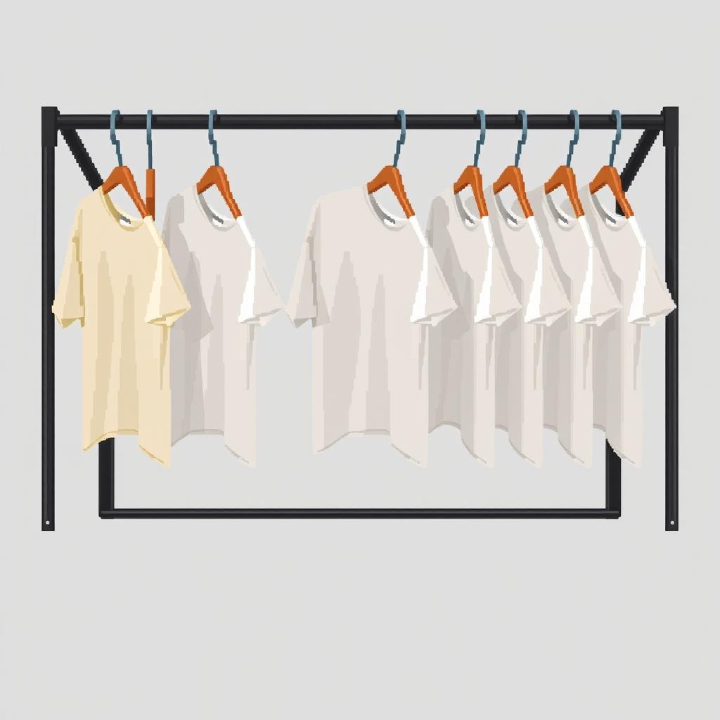 A 2D pixel art illustration showcasing a top-down view of a black metal clothing rack featuring two horizontal rails