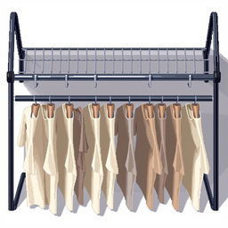 A 2D pixel art illustration showcasing a top-down view of a black metal clothing rack featuring two horizontal rails