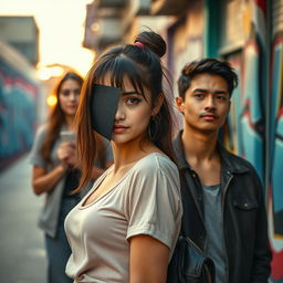 A captivating scene from a story titled "Tomer", featuring a girl with half of her face cleverly covered, emphasizing her mysterious allure
