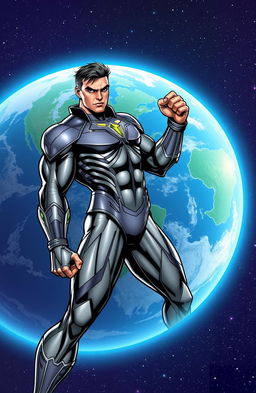 A heroic character in an action pose, similar style to classic comic book heroes, with a muscular build, wearing a sleek, futuristic suit reminiscent of classic sci-fi aesthetics