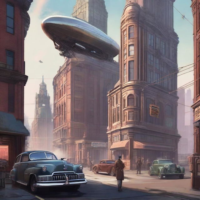 A high-quality digital art piece depicting an American city in a Dieselpunk theme, featuring a blend of iconic architecture and Dieselpunk aesthetics, vintage cars, and airships