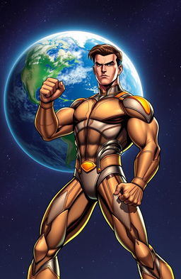 A heroic character in an action pose, similar style to classic comic book heroes, with a muscular build, wearing a sleek, futuristic suit reminiscent of classic sci-fi aesthetics