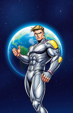 A heroic character in an action pose, similar style to classic comic book heroes, with a muscular build, wearing a sleek, futuristic suit reminiscent of classic sci-fi aesthetics