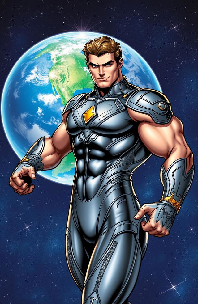 A heroic character in an action pose, similar style to classic comic book heroes, with a muscular build, wearing a sleek, futuristic suit reminiscent of classic sci-fi aesthetics