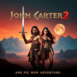 A captivating teaser poster for 'John Carter 2' (2024), prominently featuring Taylor Kitsch as John Carter and Lynn Collins as Dejah Thoris