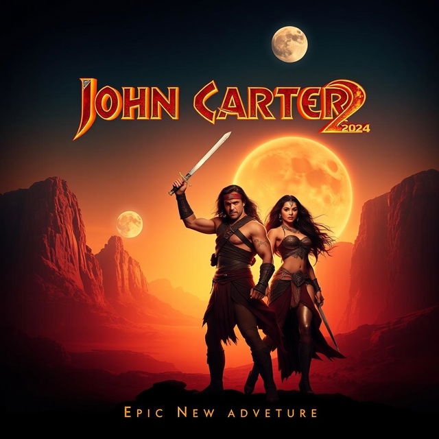 A captivating teaser poster for 'John Carter 2' (2024), prominently featuring Taylor Kitsch as John Carter and Lynn Collins as Dejah Thoris