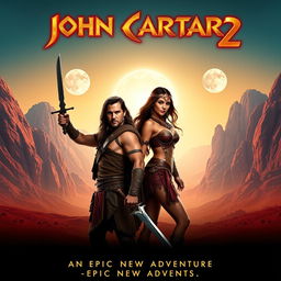 A captivating teaser poster for 'John Carter 2' (2024), prominently featuring Taylor Kitsch as John Carter and Lynn Collins as Dejah Thoris