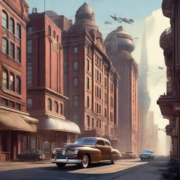 A high-quality digital art piece depicting an American city in a Dieselpunk theme, featuring a blend of iconic architecture and Dieselpunk aesthetics, vintage cars, and airships