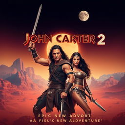 A captivating teaser poster for 'John Carter 2' (2024), prominently featuring Taylor Kitsch as John Carter and Lynn Collins as Dejah Thoris