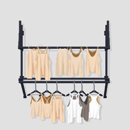 A 2D pixel art illustration showcasing a top-down view of a black metal clothing rack featuring two horizontal rails