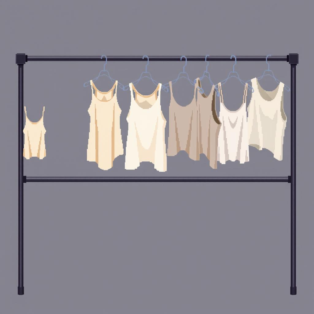 A 2D pixel art illustration showcasing a top-down view of a black metal clothing rack featuring two horizontal rails