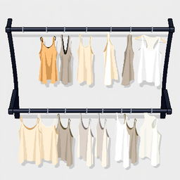 A 2D pixel art illustration showcasing a top-down view of a black metal clothing rack featuring two horizontal rails