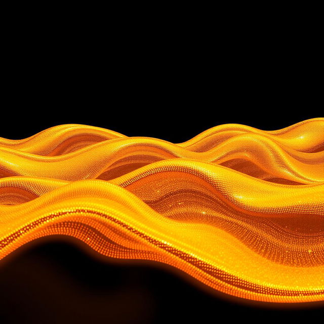 Wavy patterns with shimmering golden and orange colors, glittering like a fluid or metallic surface that appears dynamic and attractive