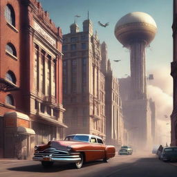 A high-quality digital art piece depicting an American city in a Dieselpunk theme, featuring a blend of iconic architecture and Dieselpunk aesthetics, vintage cars, and airships